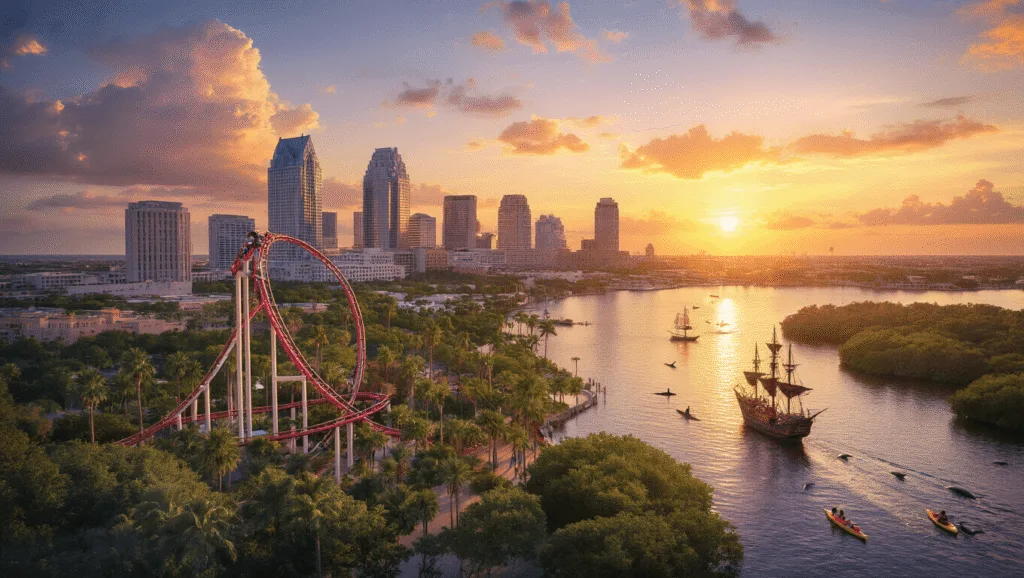 "Aerial view of Tampa Bay at sunset featuring SheiKra roller coaster at Busch Gardens, downtown skyline, kayakers in mangrove forests, dolphins in the bay, and a pirate ship cruising, all under the vibrant colors of the Florida sunset."