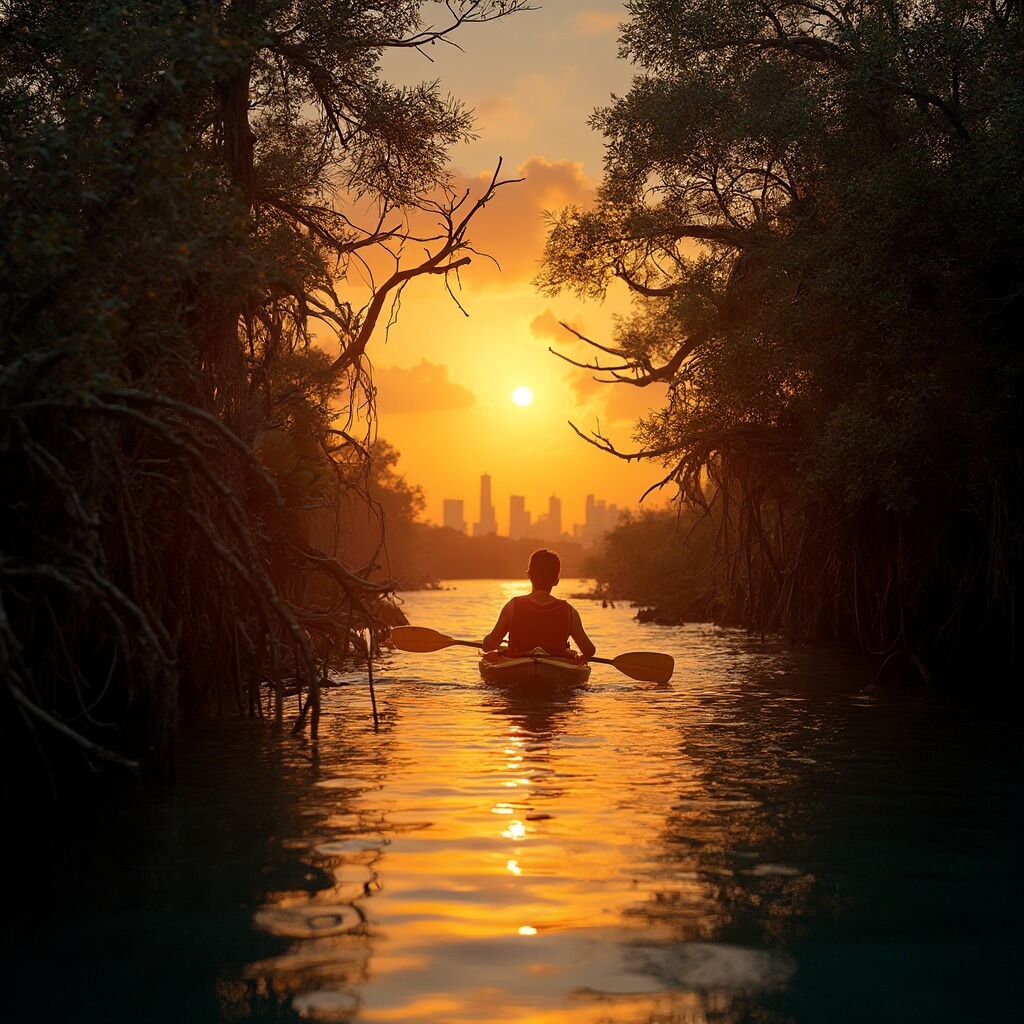 Tampa Unleashed: Your Ultimate Playground of Thrills, Culture, and Hidden Gems Kayaker paddling through mangrove forest at sunset with reflections in clear water and distant Tampa skyline in a documentary style image