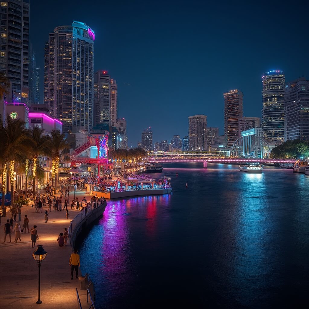 Tampa Unleashed: Your Ultimate Playground of Thrills, Culture, and Hidden Gems Nocturnal view of Tampa Riverwalk with colorful LED lights reflecting on water, modern architecture, couples, live performers, boats, city lights, and bridge lights creating dramatic water reflections