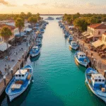 "Aerial view of Tarpon Springs Sponge Docks at sunset with Greek sponge diving boats, Mediterranean-style buildings, and bustling dockside activity, reflecting Greek culture in Florida coastal life"