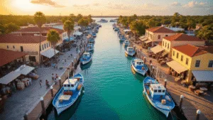 "Aerial view of Tarpon Springs Sponge Docks at sunset with Greek sponge diving boats, Mediterranean-style buildings, and bustling dockside activity, reflecting Greek culture in Florida coastal life"