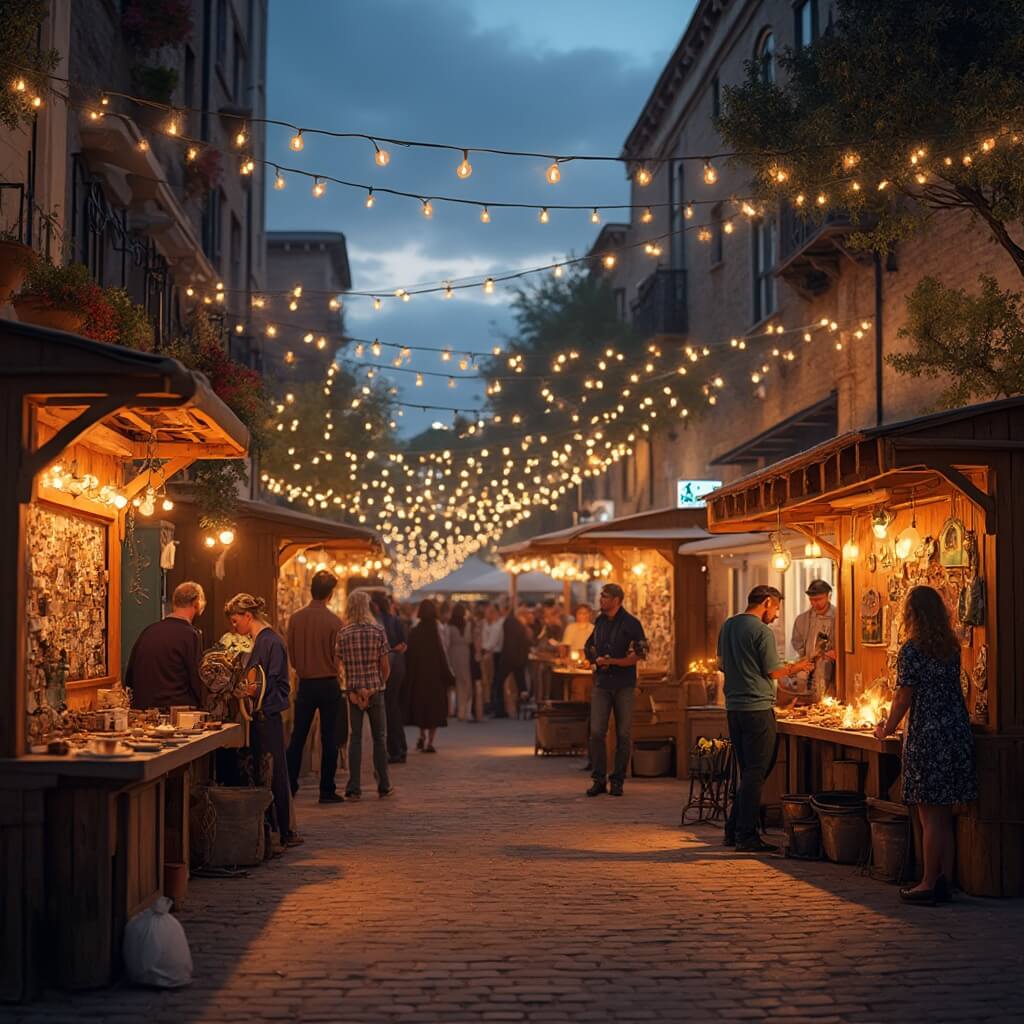 Cozy street festival in Thornton Park, Orlando with string lights, wooden stalls displaying handmade crafts, musicians performing, and people enjoying hot beverages around fire pits under soft warm lighting