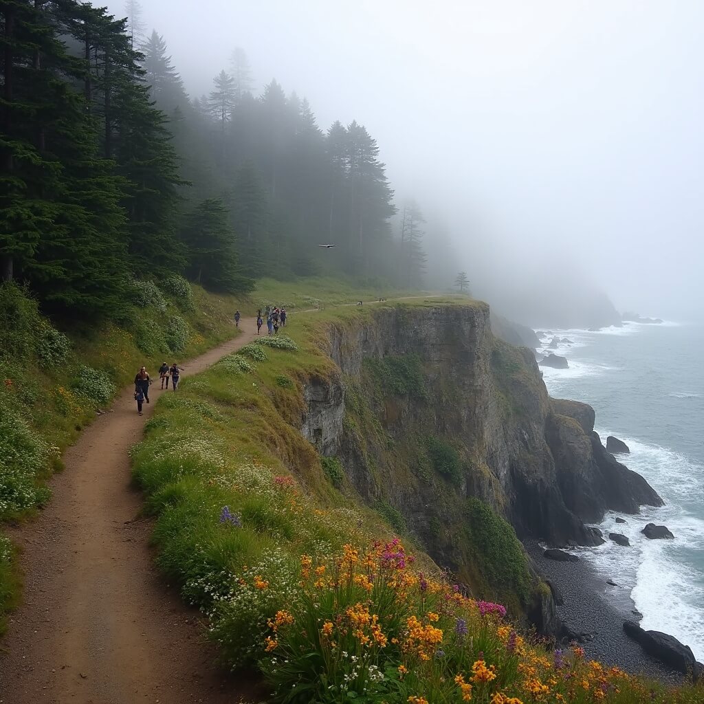 Misty morning on a dramatic coastal trail at Tillamook Head with rugged cliffs, dense evergreen forest, rocky outcrops, crashing waves, and blooming wildflowers
