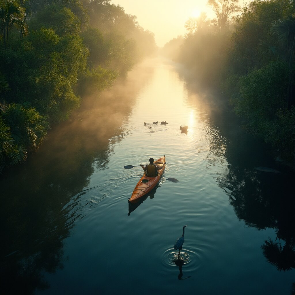 A kayaker on the Tomoka River at sunrise, surrounded by dense vegetation, dolphins playing nearby and a great blue heron fishing in the shallows