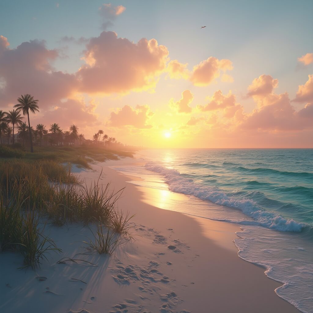 Hyperrealistic depiction of a tranquil September sunset at Cocoa Beach featuring golden light over sand dunes, swaying sea oats casting shadows, gentle azure waves, gliding pelicans, pink and orange clouds and palm tree silhouettes.