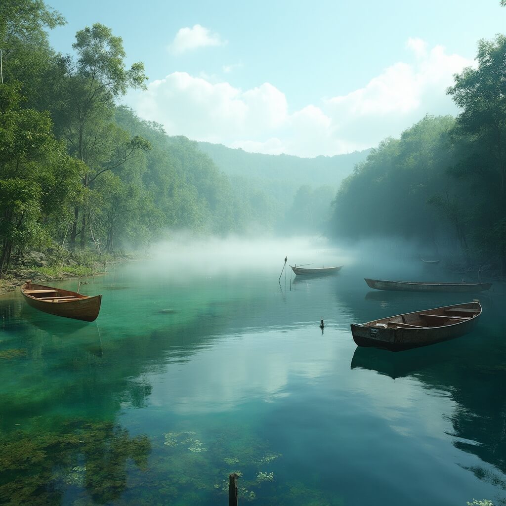 Early morning mist rising over tranquil Lake Bradford with wooden kayaks floating on crystal clear water, surrounded by dense Florida wilderness.
