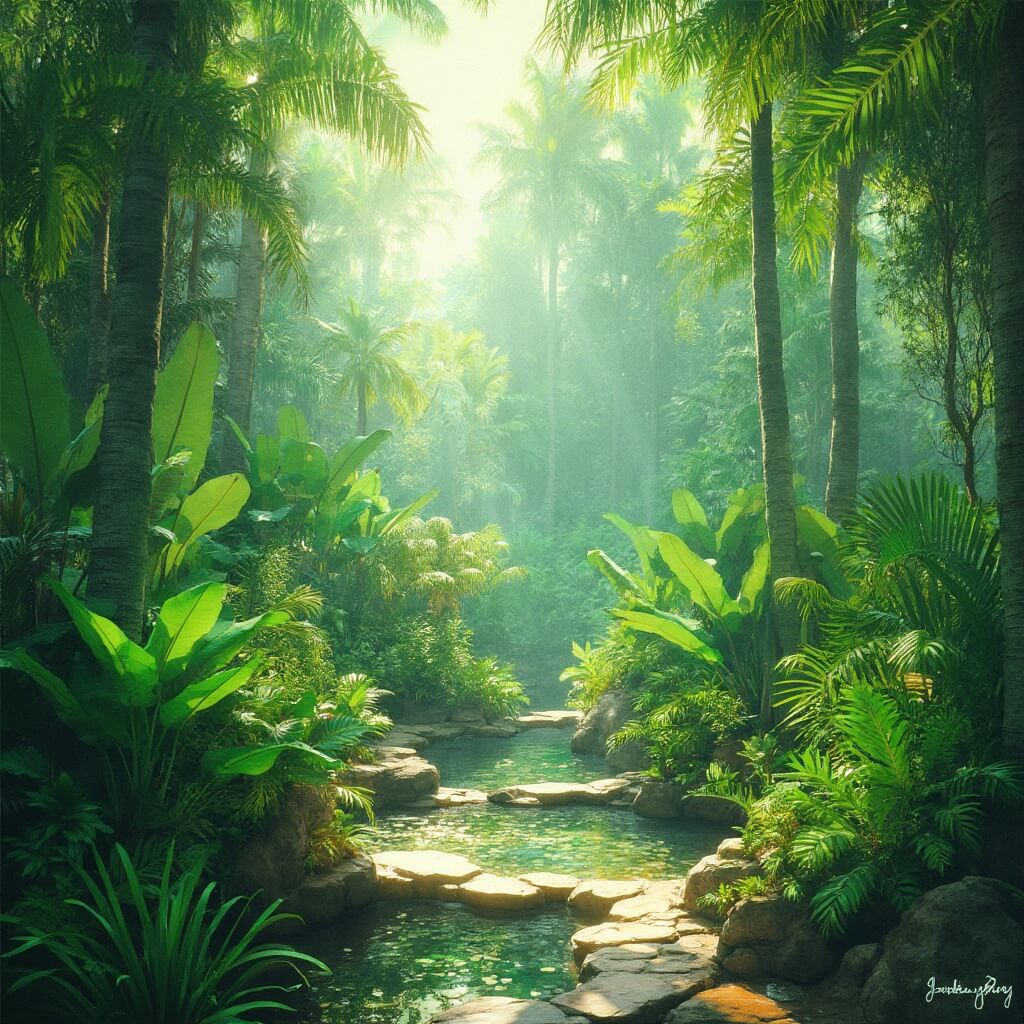 Lush tropical botanical garden with vibrant green exotic plants in soft morning sunlight