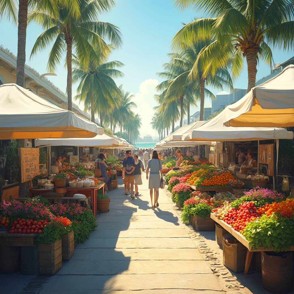 Early morning farmers market in tropical Florida with colorful produce stands, local vendors, food trucks, palm trees, and shoppers browsing locally crafted goods and tropical flowers under white canopies.