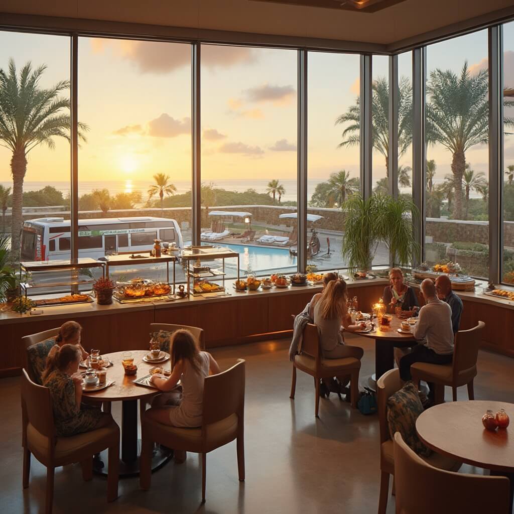 Hotel breakfast area at sunrise with a buffet, families dining, pool view with palm trees, and hotel-branded shuttle bus visible through floor-to-ceiling windows