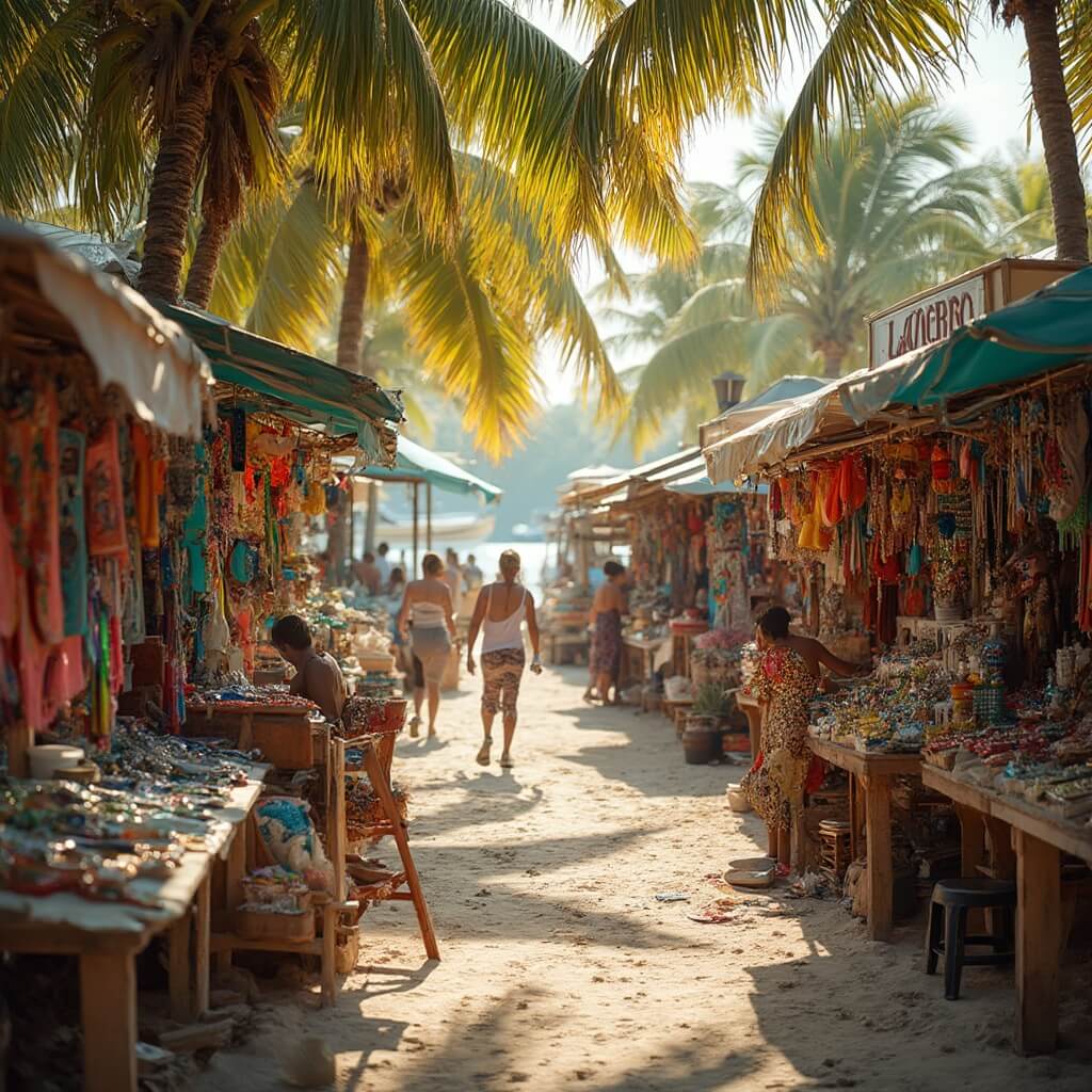 Local artists crafting colorful handmade jewelry at a vibrant tropical art market in Key West, with detailed coastal crafts on display, set against a waterfront backdrop with palm trees in the golden afternoon sunlight.