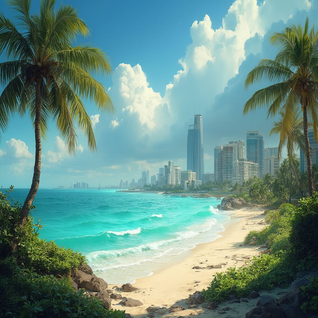 September in St. Petersburg: Your Ultimate Travel Guide to Two Incredible Cities Vibrant Florida coast featuring palm trees, turquoise water reflecting sunlight, modern cityscape, waterfront architecture, tropical vegetation, and gathering hurricane clouds in a dynamic sky