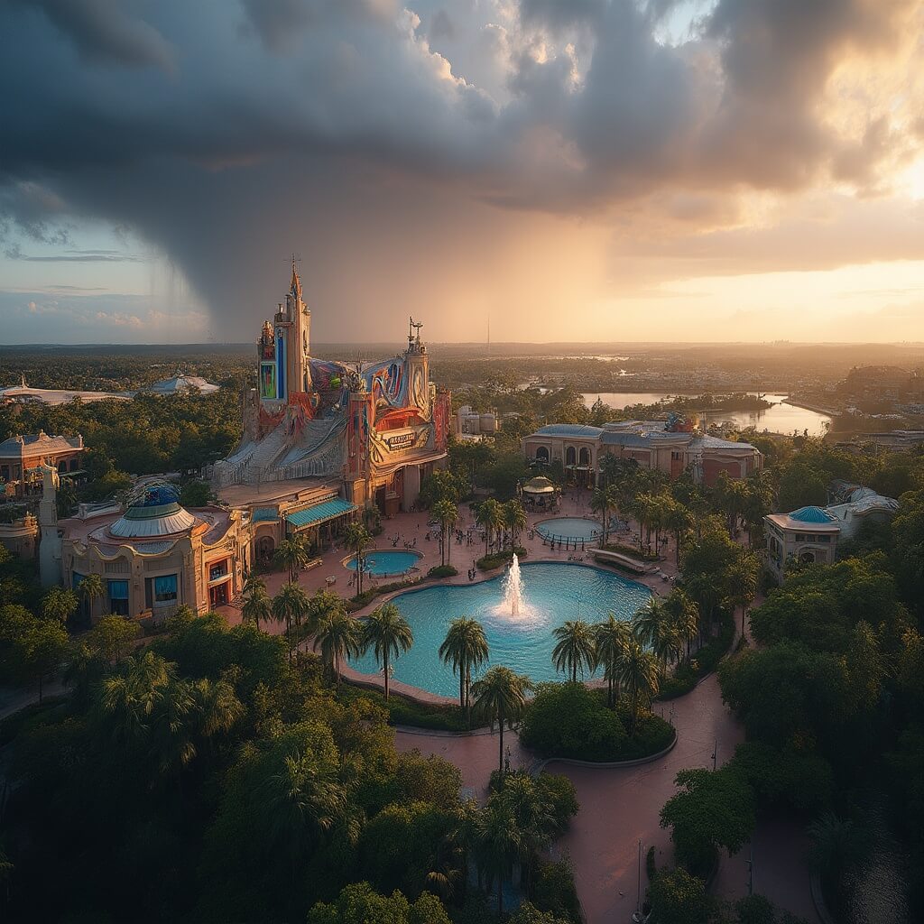 Aerial view of Universal Studios theme park during golden hour with colorful attractions, dramatic thunderstorm clouds approaching, and lush tropical landscaping