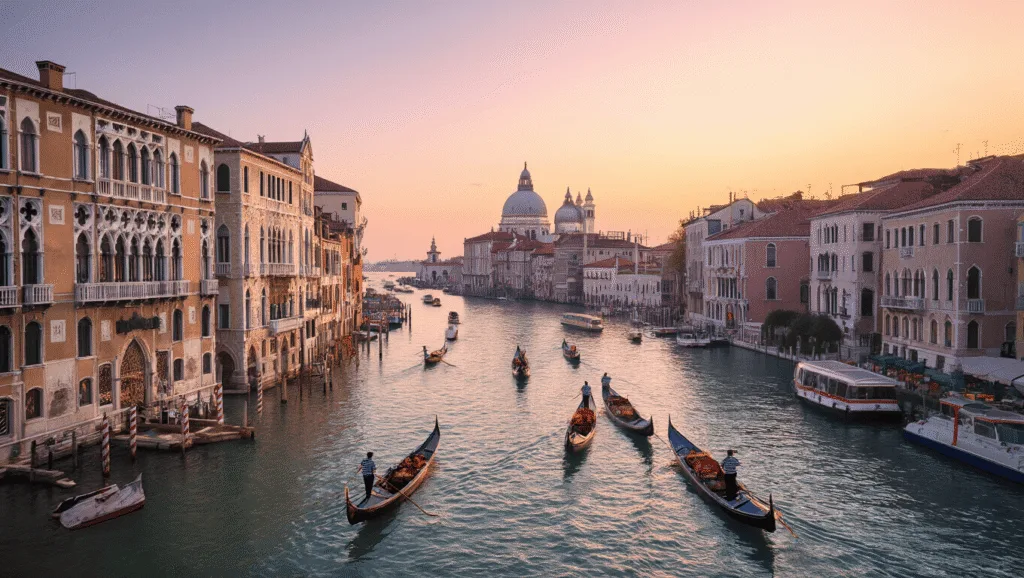 "Aerial view of Venice at sunset featuring the Grand Canal, gondolas, Rialto Bridge, St. Mark's Basilica, and Venetian Gothic architecture."