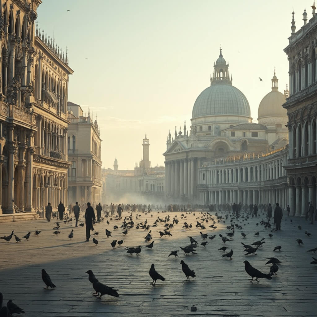 Empty St. Mark's Square at dawn with softly lit Byzantine architecture of St. Mark's Basilica, gleaming gold mosaics, pigeons, and a misty atmosphere