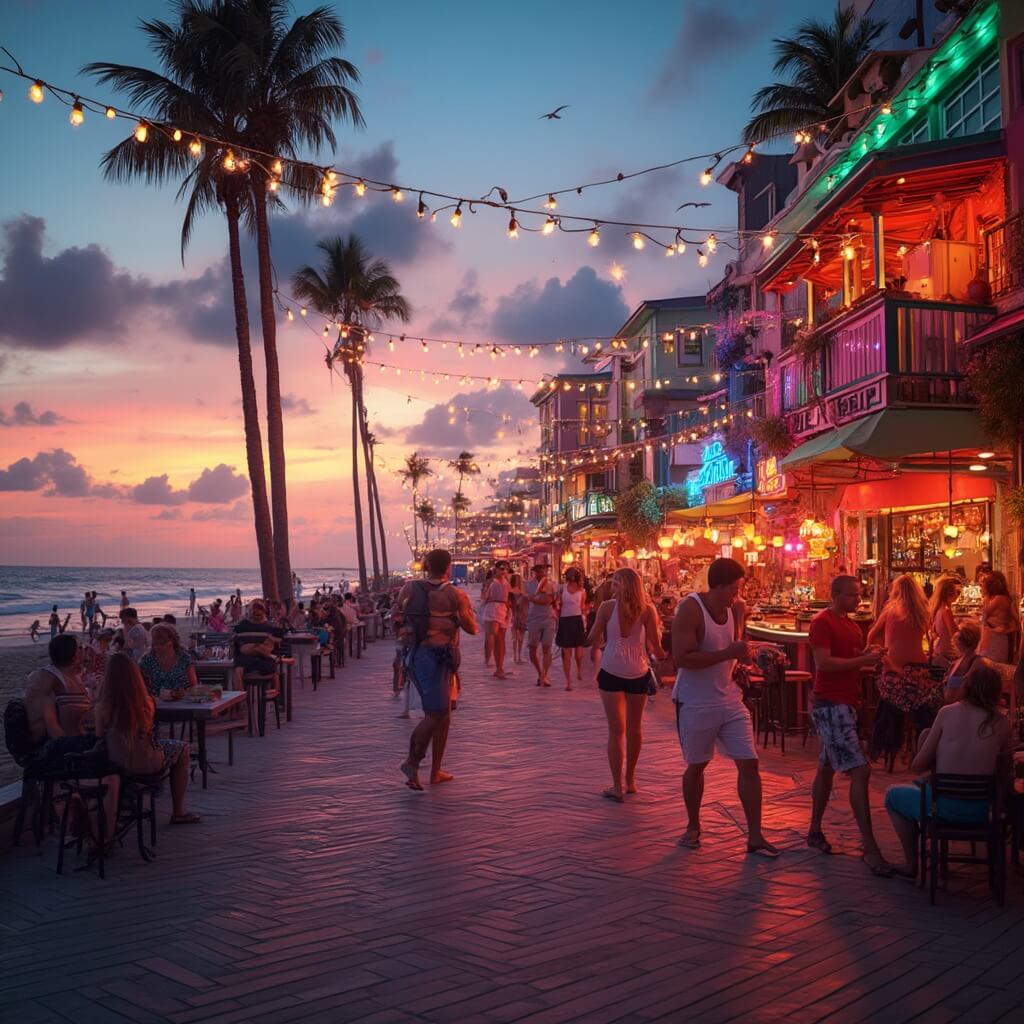 Vibrant beach boardwalk with colorful bars, string lights, live music stage, and people dancing, with a tropical cocktails on a warm summer evening in Florida's coastal architectural style