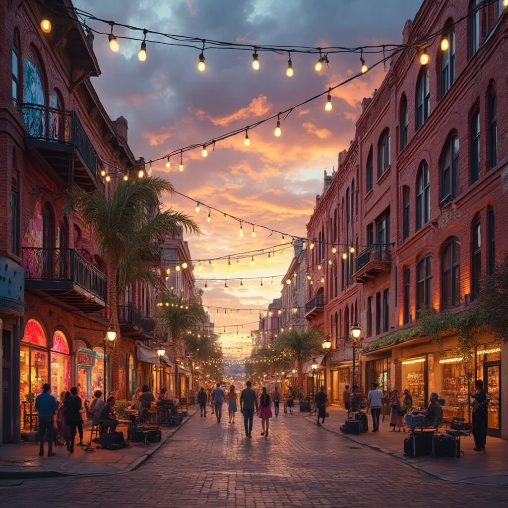 Downtown street scene at dusk with red brick buildings, colorful murals, string lights, street musicians, boutique storefronts, people, palm trees, and a dramatic sunset sky