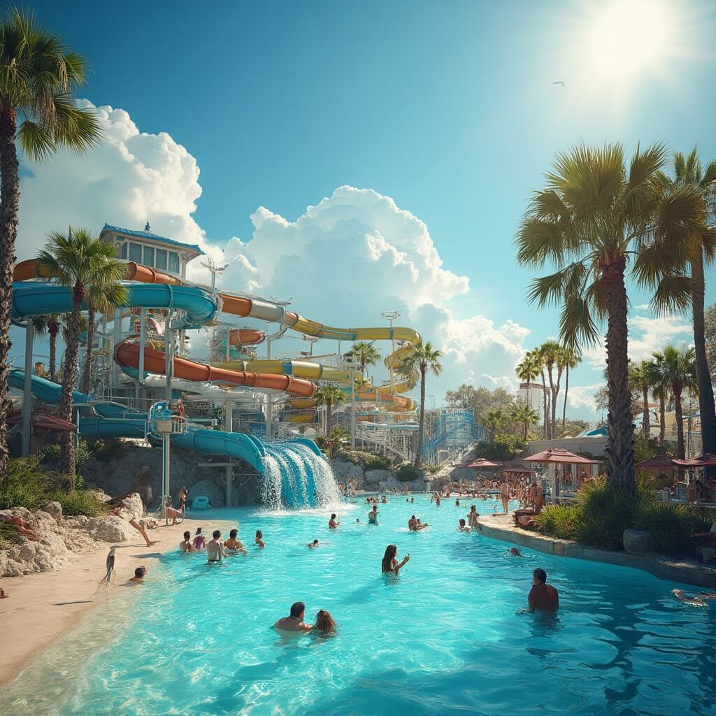 Vibrant water park in Florida with tourists, twisting slides, clear blue pools, palm trees, and dramatic sky with approaching thunderclouds