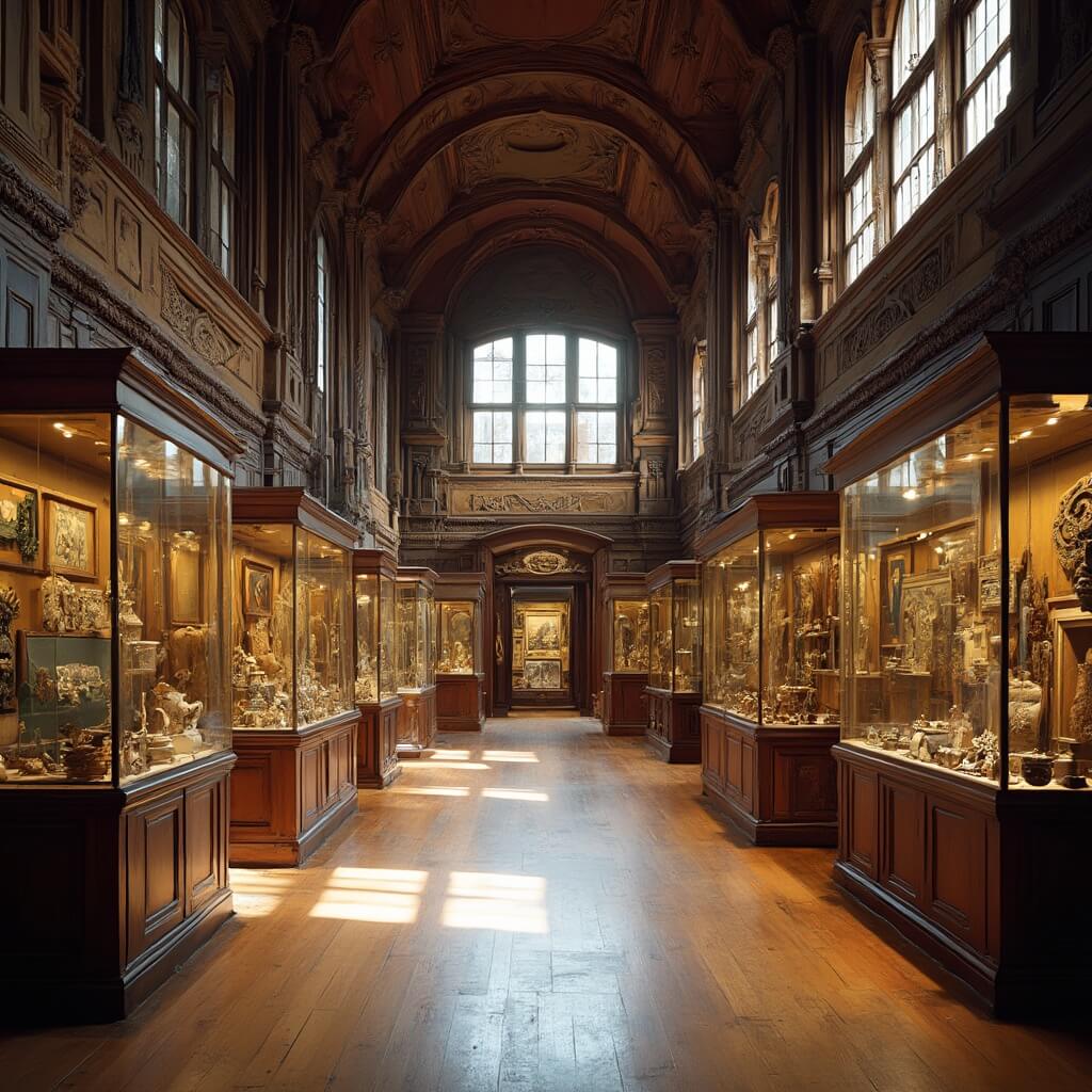 Victorian-era museum hall showcasing Maori carvings, settler tools, and vintage photographs in wooden displays and glass cases under natural light