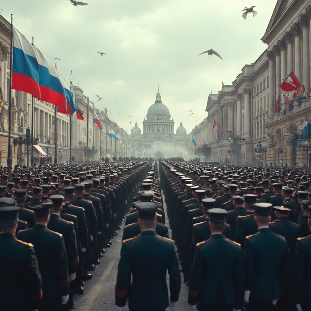 Uncover the Magic of St. Petersburg in May: A Traveler's Ultimate Guide Victory Day military parade in St. Petersburg with uniformed soldiers, historic buildings, and waving Russian flags in soft overcast light