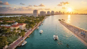 "Sunset aerial view of West Palm Beach highlighting Intracoastal Waterway with luxury boats, Mounts Botanical Garden, Norton Museum of Art, historic Flagler Museum, and beach activities"
