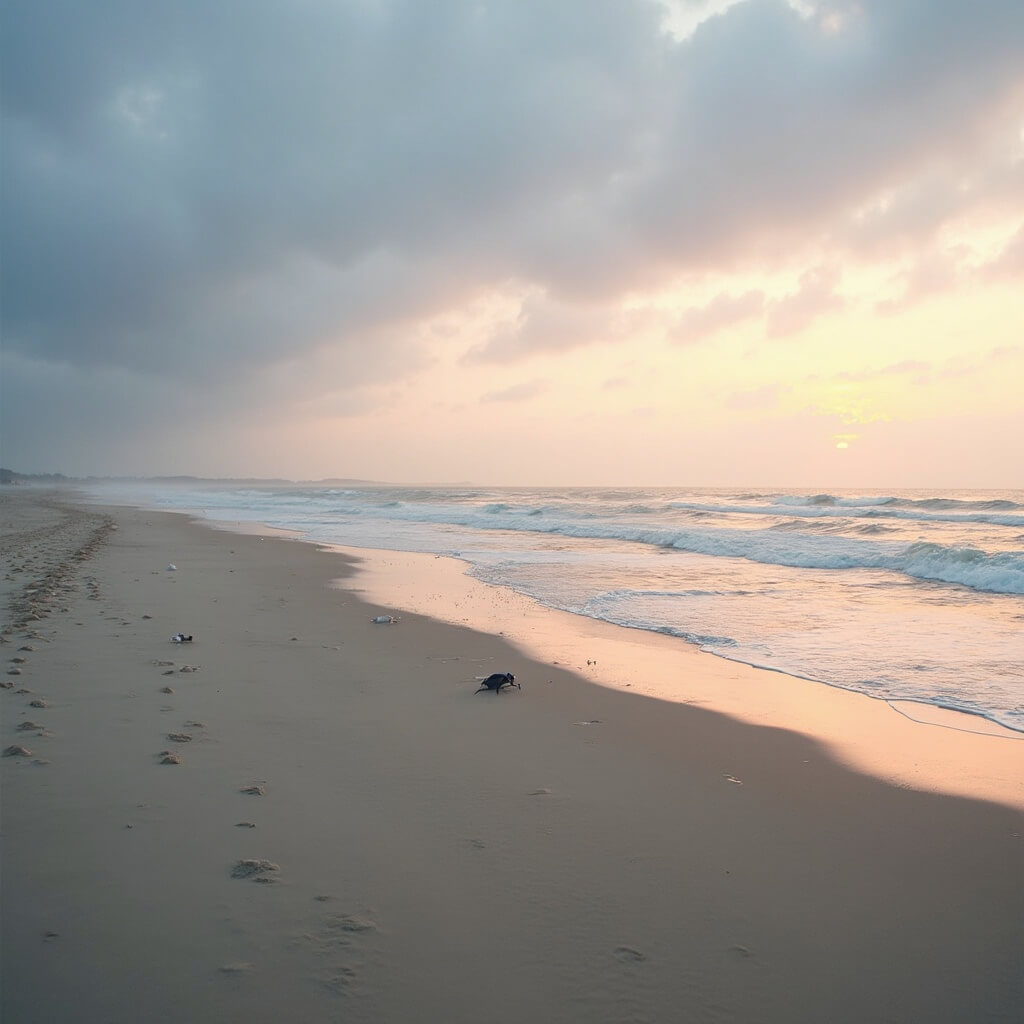 Bottlenose dolphins swimming near shoreline of pristine winter beach at sunset with dramatic sky and minimal human presence