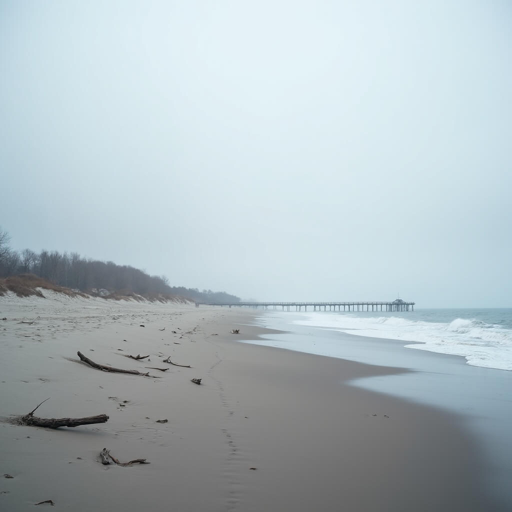 Minimalist winter beach scene with soft gray-blue tones, empty sandy shoreline, distant pier, driftwood, gentle waves, muted sunlight creating soft shadows, smooth sand textures at low tide, distant coastal vegetation, and a calm atmosphere with no people visible