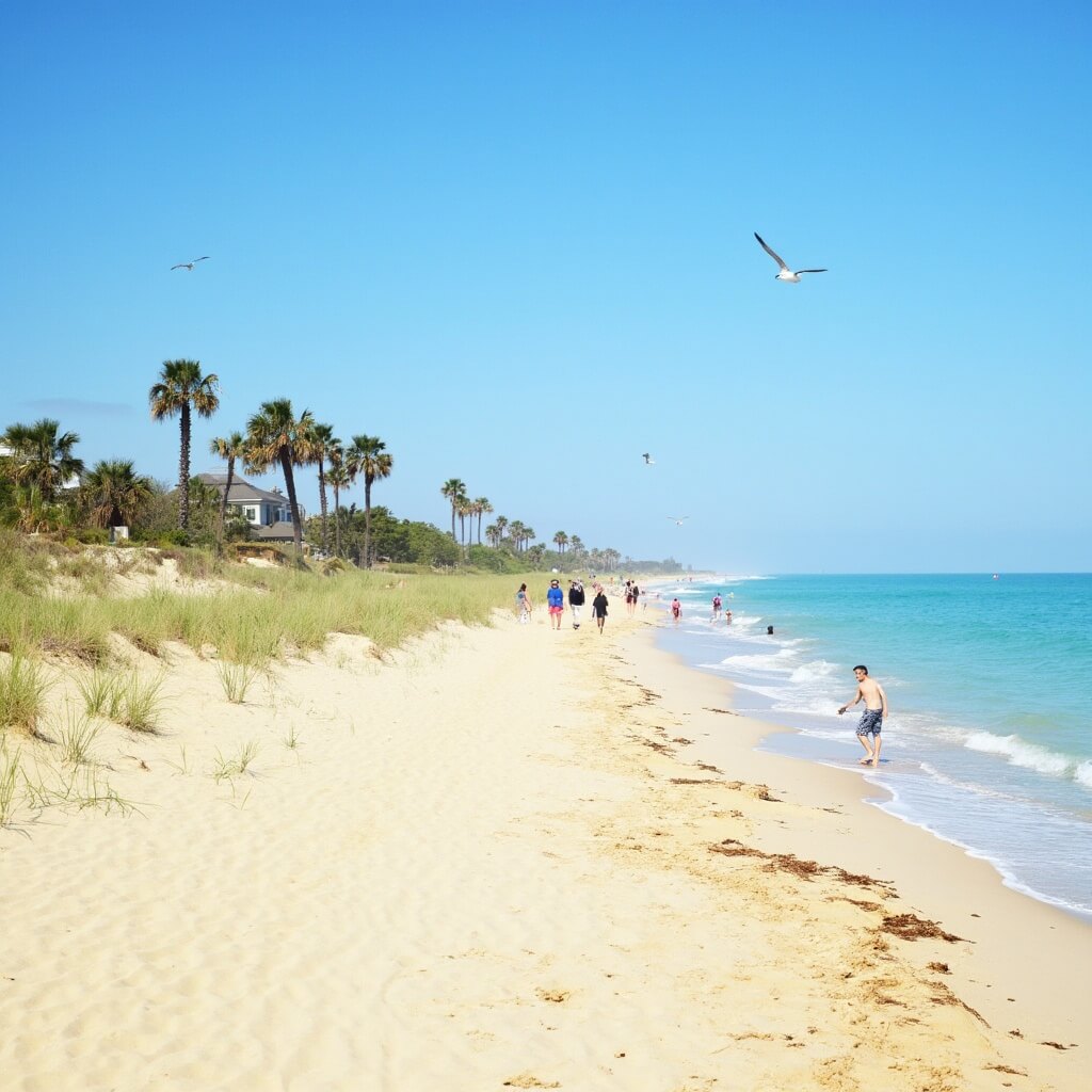 Uncrowded beach at Panama City with few visitors strolling on golden sand under a crisp blue sky, palm trees swaying in the breeze and seagulls soaring overhead