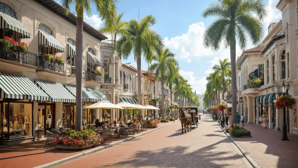 "Daytime view of Park Avenue in Winter Park with European-style buildings, outdoor cafe, palm trees, boutique shop windows, pedestrians, a horse-drawn carriage, and the Morse Museum in the distance."