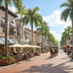 "Daytime view of Park Avenue in Winter Park with European-style buildings, outdoor cafe, palm trees, boutique shop windows, pedestrians, a horse-drawn carriage, and the Morse Museum in the distance."