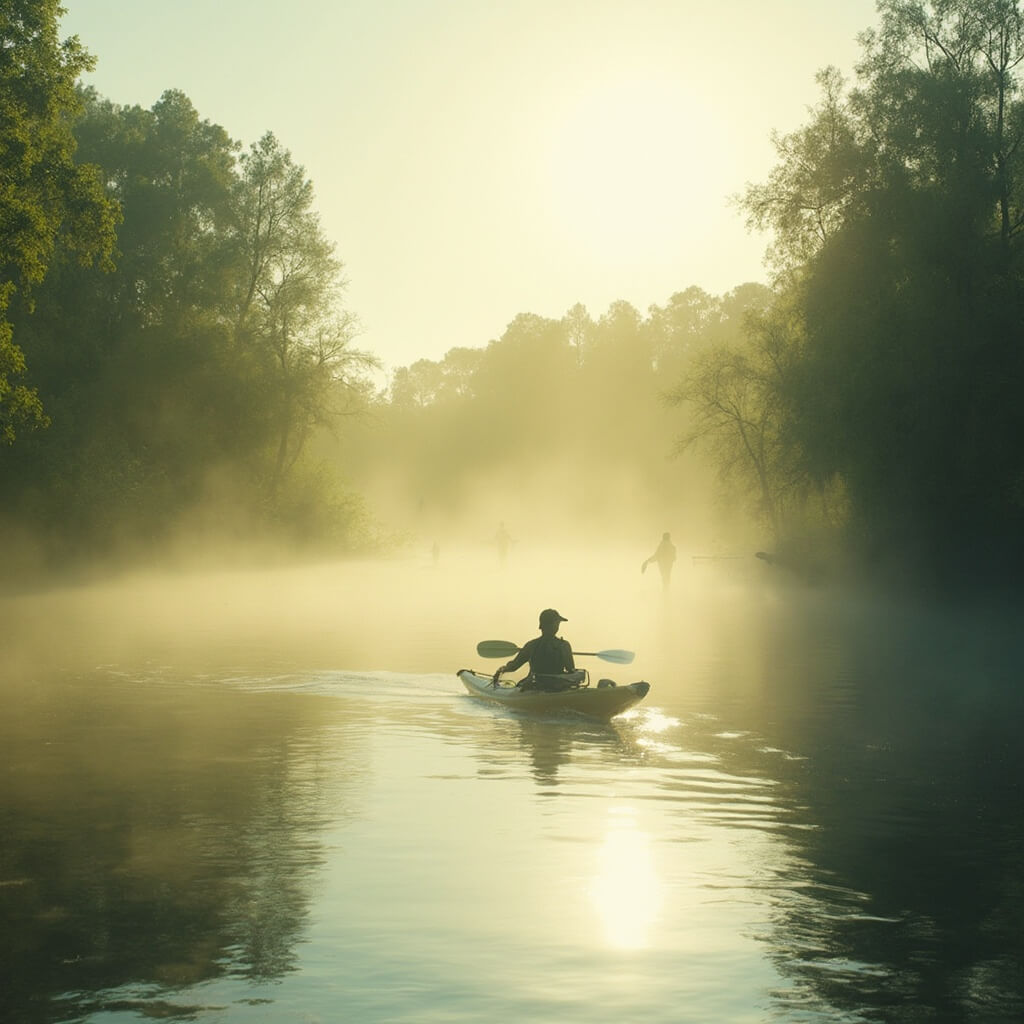 Early morning kayaker gliding on Winter Park's Chain of Lakes, surrounded by lush greenery and wildlife, with the golden sunrise reflected in the clear, calm water