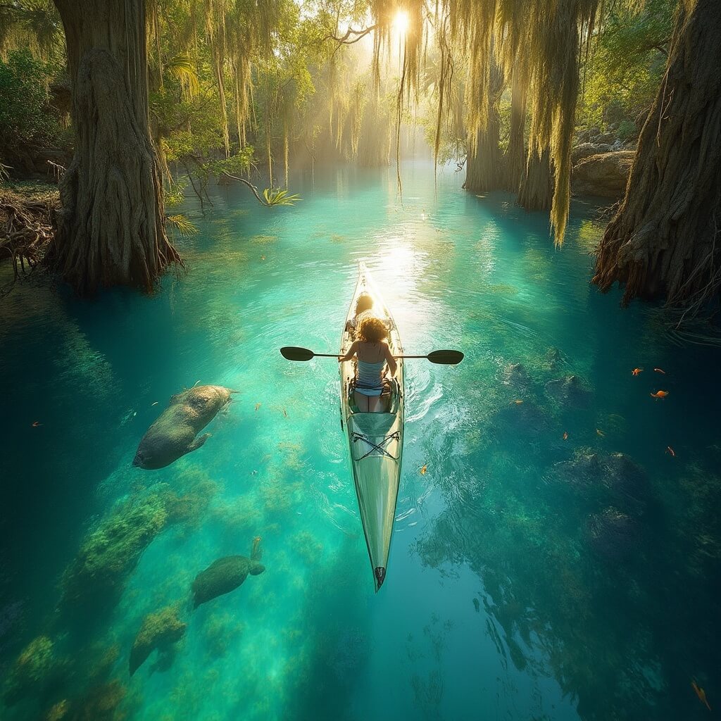 Aerial view of a clear turquoise spring in Winter Park with a transparent kayak, visible underwater manatees and colorful fish, surrounded by lush vegetation and dappled sunlight through cypress trees.