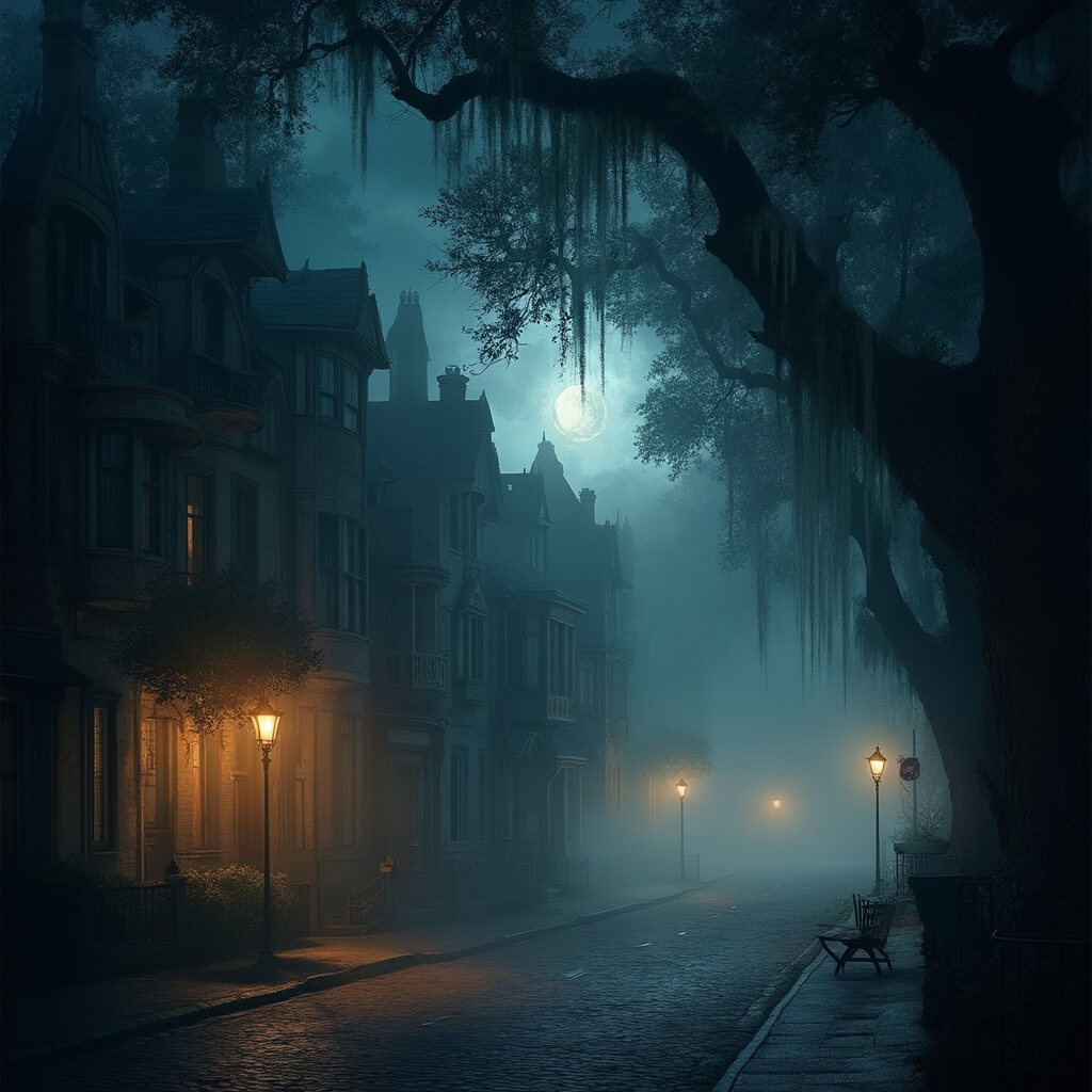 Mystical Winter Park at night with Victorian architecture under moonlight, ancient oak trees with Spanish moss, gas lanterns, cobblestone streets and fog between buildings