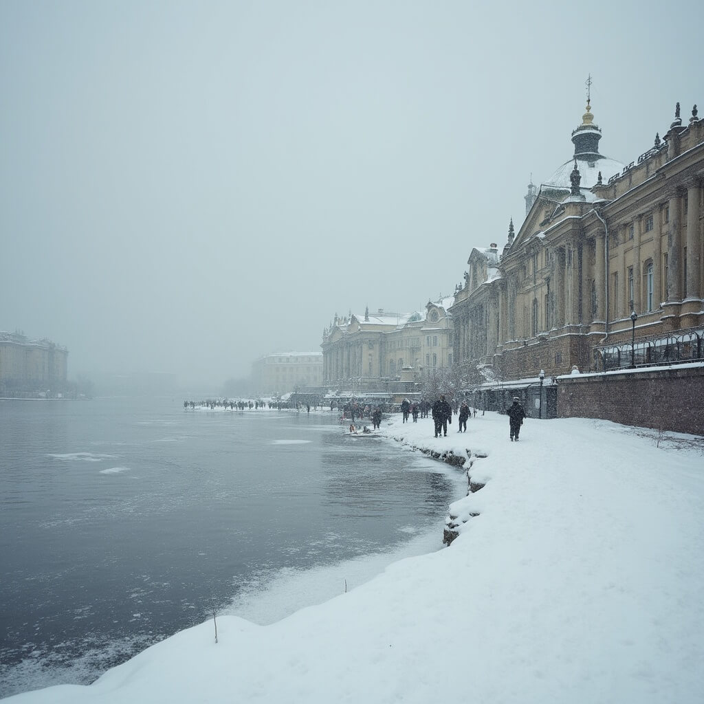 Snow-covered St. Petersburg cityscape featuring historic baroque architecture and frozen Neva River in muted gray and white, with distant figures in winter coats along the riverbank under an overcast sky