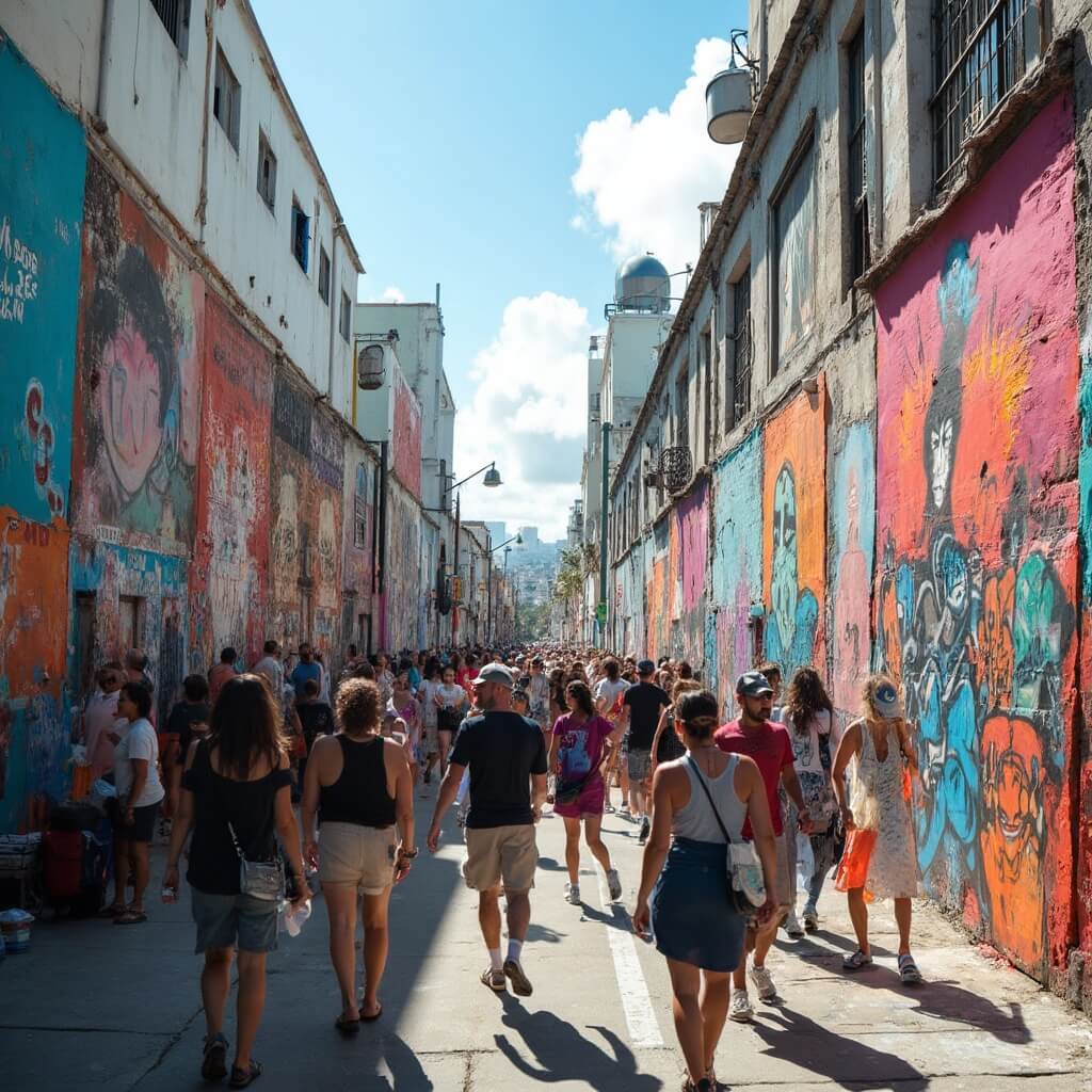 Why South Beach in December is Your Ultimate Winter Escape Diverse crowd in Wynwood Art District with massive murals, live artists, graffiti-covered walls, and sharp shadows under bright sunlight