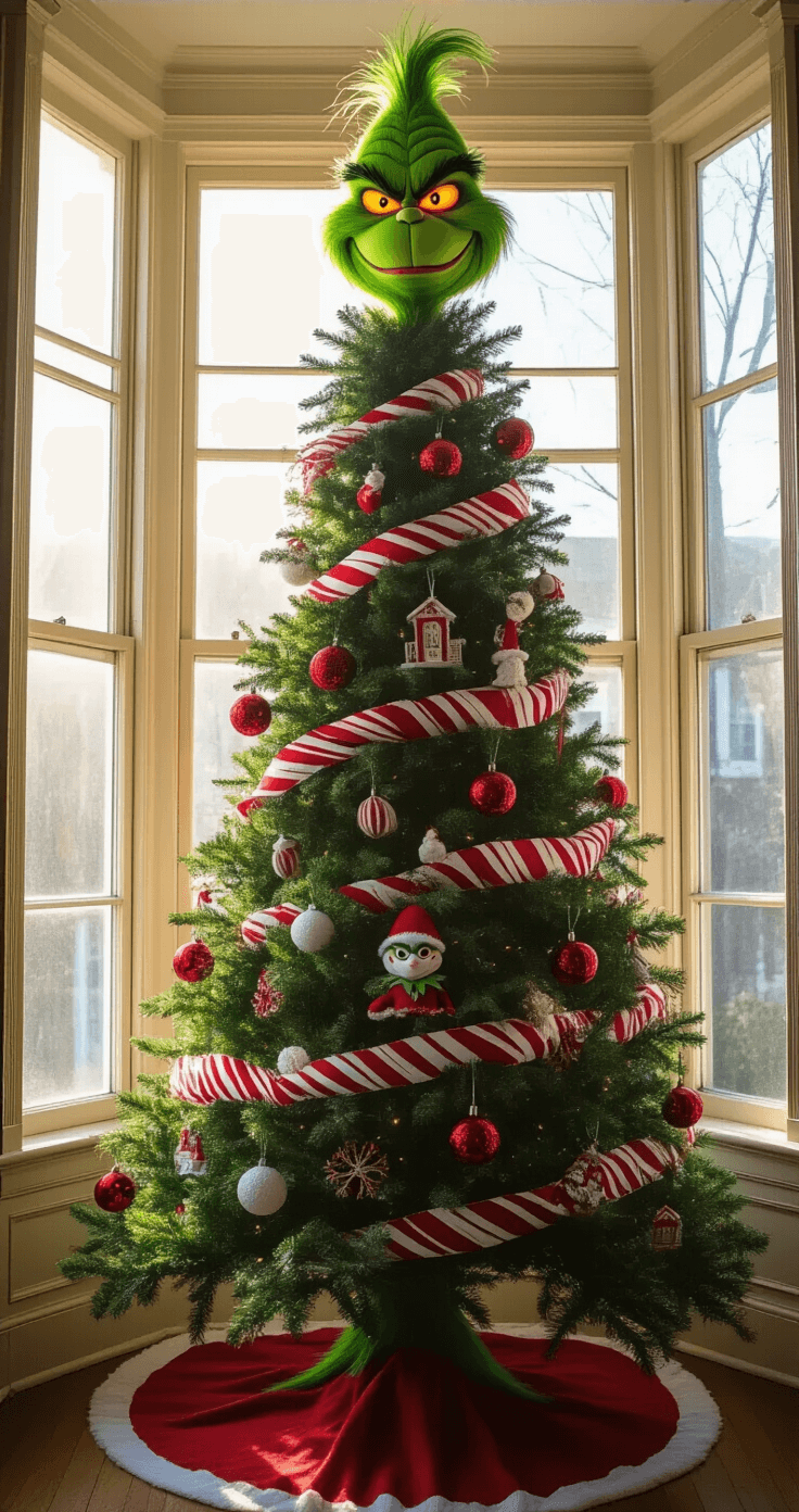 The Ultimate Grinch Christmas Tree: A Whimsical Holiday Decor Guide Wide-angle image of a 7-foot Grinch tree in a Victorian-style bay window, sunlight filtering through frosted panes, highlighting the tree's asymmetrical shape, a giant Grinch face topper, red and white striped ribbons, and whimsical Who-ville decorations, captured at 45° for architectural detail.