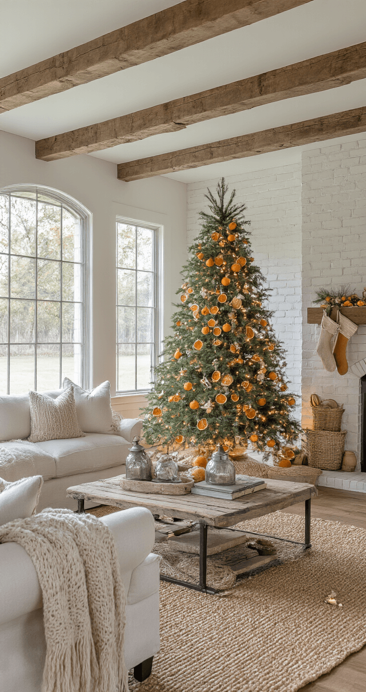 The Ultimate Guide to Creating a Traditional Christmas Tree: A Nostalgic Holiday Masterpiece Wide-angle view of a modern farmhouse great room featuring exposed wooden beams, a 10-foot Christmas tree adorned with handmade ornaments and natural garlands, a whitewashed brick fireplace with hanging stockings, and warm lighting from mercury glass lanterns, captured from the entrance archway during early evening.