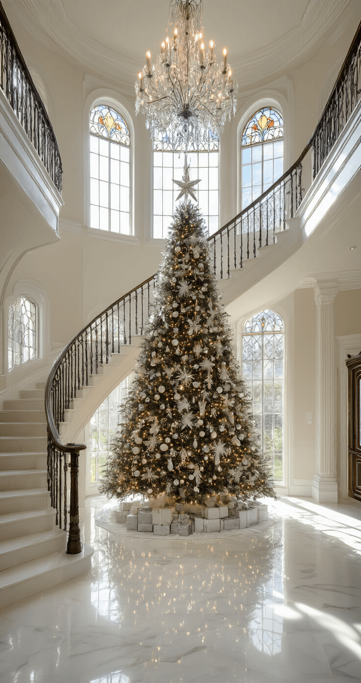 The Ultimate Guide to Creating a Traditional Christmas Tree: A Nostalgic Holiday Masterpiece A grand foyer featuring a sweeping staircase under a double-height ceiling, adorned with a 12-foot Christmas tree decorated with crystal ornaments and silver tinsel. Morning light filters through leaded glass transom windows, illuminating the white marble floors that reflect the tree lights, while a crystal chandelier adds extra sparkle. The perspective is from a second-floor landing, showcasing the full tree and intricate architectural details.