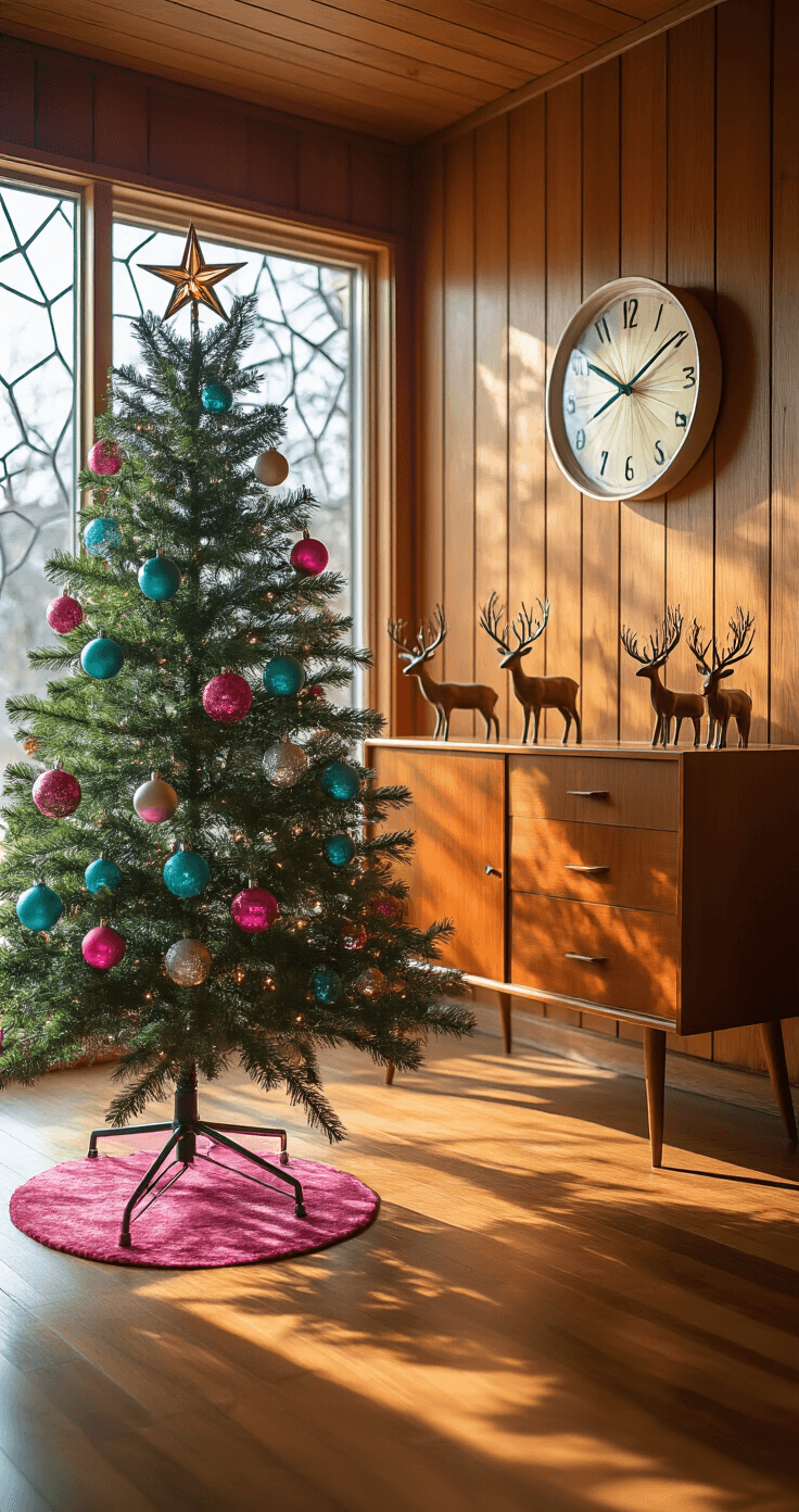 Vintage Christmas Decor: A Nostalgic Journey Through Holiday Styling Intimate Mid-Century Modern den with wood-paneled walls, late afternoon light through geometric windows, featuring a rotating aluminum Christmas tree, Shiny Brite ornaments, and a starburst clock above a Danish modern credenza, captured from a low angle to emphasize the tree's height.