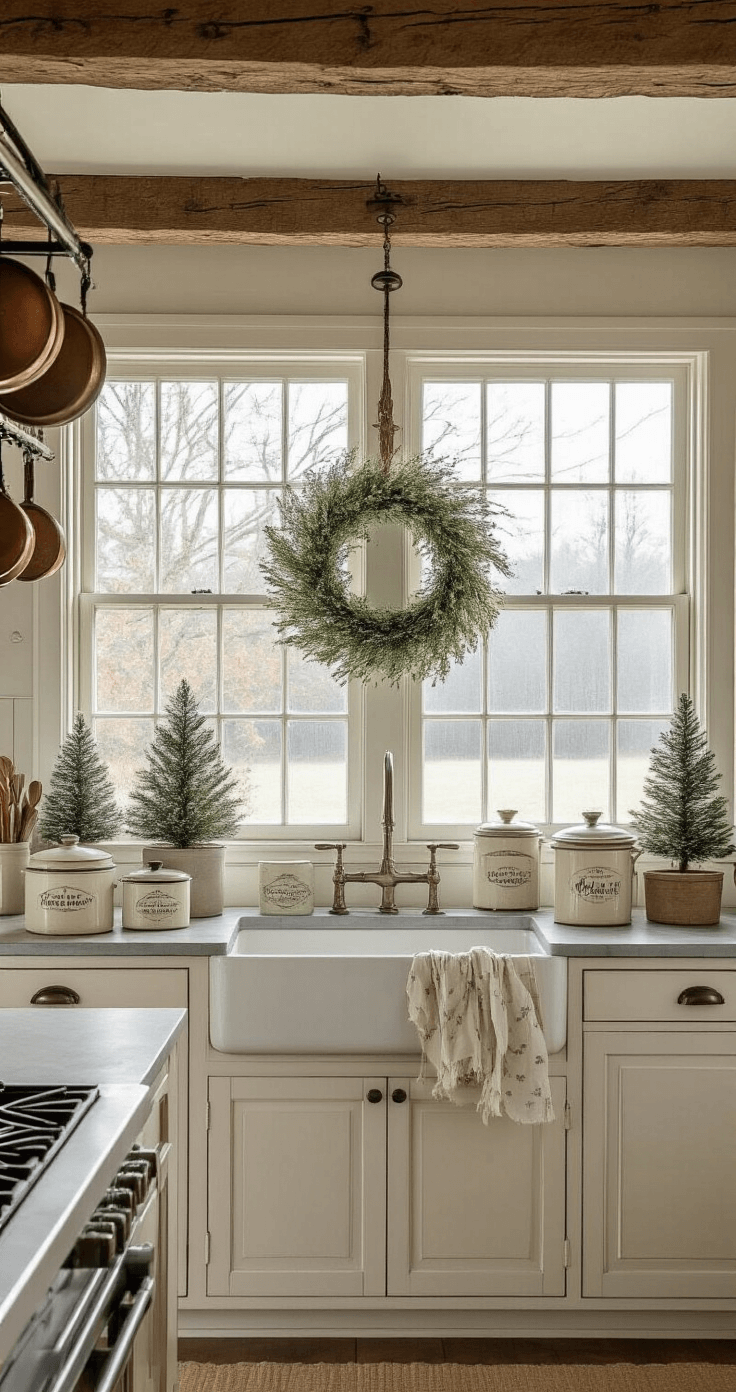 Vintage Christmas Decor: A Nostalgic Journey Through Holiday Styling Cozy farmhouse kitchen with exposed wooden beams and frost-kissed windows, featuring white-washed cabinets, vintage bottle brush trees, zinc countertops with antique cookie tins, and handmade fabric garland draped over a copper pot rack. Natural wreaths adorn cabinet doors, with diffused early morning light highlighting the rustic textures in a wide angle shot.