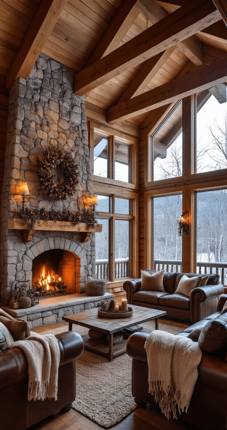 The Ultimate Guide to Christmas Trees: Transforming Your Home with Festive Cheer Cozy great room of a mountain cabin featuring an 8-foot fresh-cut pine tree adorned with rustic burlap ribbon and natural pine cone ornaments, complemented by copper accents. A stone fireplace illuminates the space, highlighting leather furniture and wool throws, while a snowy landscape is visible through the window. The image captures the scene at hearth level during blue hour, emphasizing texture and organic materials.