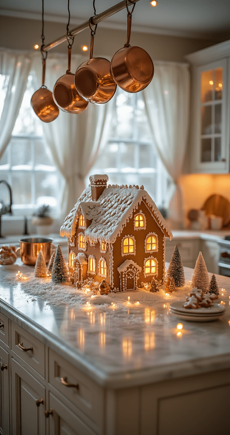 Sweet Sophistication: Creating a Magical Gingerbread Christmas Wonderland at Home A cozy kitchen at golden hour featuring a vintage marble island with a LED gingerbread house village, surrounded by faux snow and warm lights, with copper pots overhead and soft natural light streaming through cafe curtains.