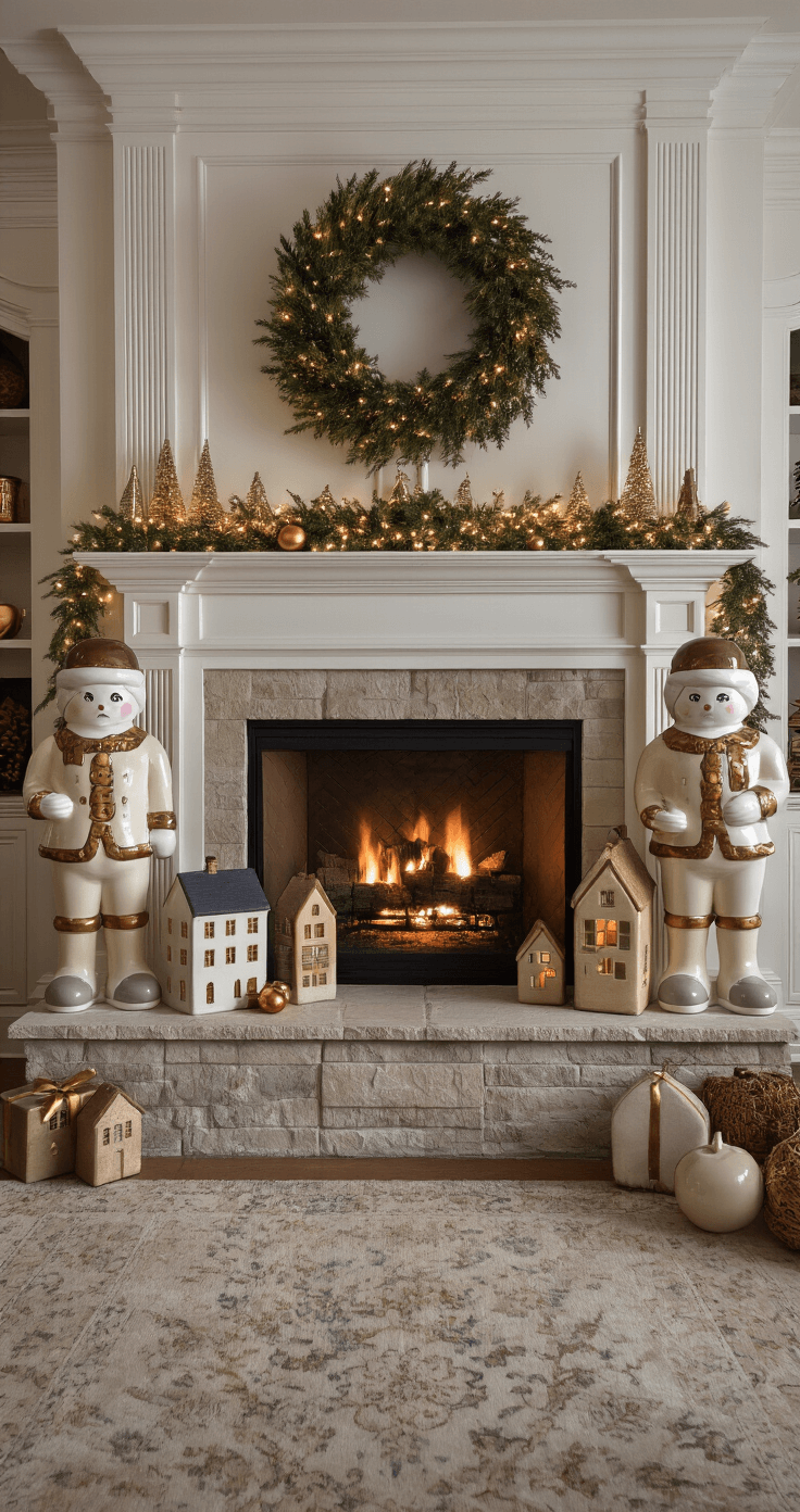 Sweet Sophistication: Creating a Magical Gingerbread Christmas Wonderland at Home A grand living room mantel decorated for blue hour, featuring a stone fireplace framed by traditional molding, oversized vintage-inspired gingerbread figures at each end, graduated ceramic houses, and metallic copper and bronze ornaments reflecting string lights, captured from a low angle to emphasize the 12-foot ceiling.