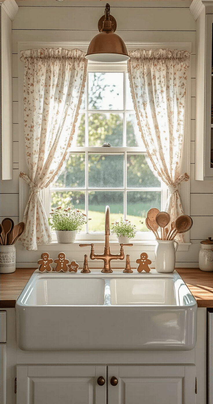 Sweet Sophistication: Creating a Magical Gingerbread Christmas Wonderland at Home A rustic farmhouse kitchen window scene featuring a deep sink adorned with gingerbread-themed cafe curtains, a collection of vintage cookie cutters on the sunlit windowsill, and white shiplap walls with copper fixtures, all framed by a garden view beyond.