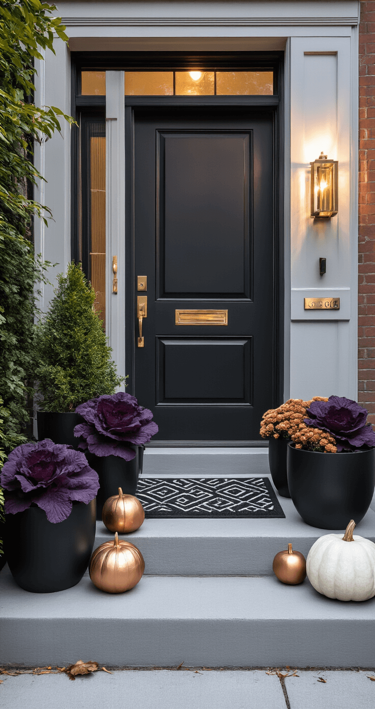 Cozy Fall Porch Decor: Transform Your Entryway into an Autumn Oasis Intimate twilight view of an urban townhouse stoop featuring modern matte black planters with purple ornamental cabbage and bronze mums, sleek brass lanterns casting dramatic shadows, a geometric patterned grey doormat, and a sophisticated arrangement of copper and white pumpkins on ghost-grey concrete steps, complemented by minimal brass house numbers on a charcoal-painted door.
