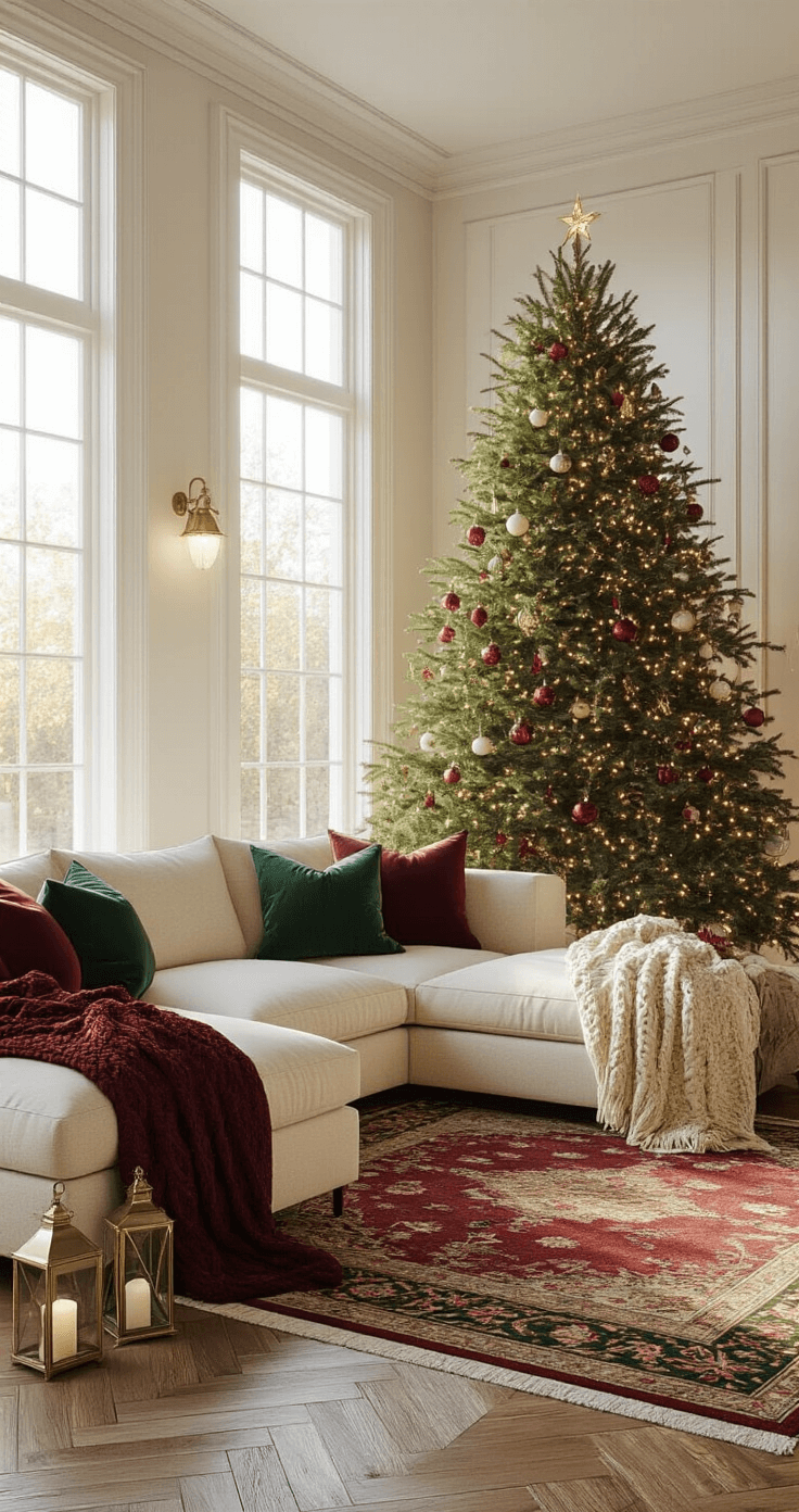 Magical Christmas Room Decor: Transform Your Space into a Festive Wonderland A spacious living room featuring a tall Noble Fir tree decorated with vintage glass ornaments and warm white lights, illuminated by golden hour sunlight streaming through large windows. The room showcases a traditional red and emerald color scheme with gold accents, a plush cream sectional draped in cozy throws, and ambient lighting from brass lanterns and mercury glass votives. Herringbone hardwood floors are topped with a muted oriental rug, creating a warm and inviting atmosphere.
