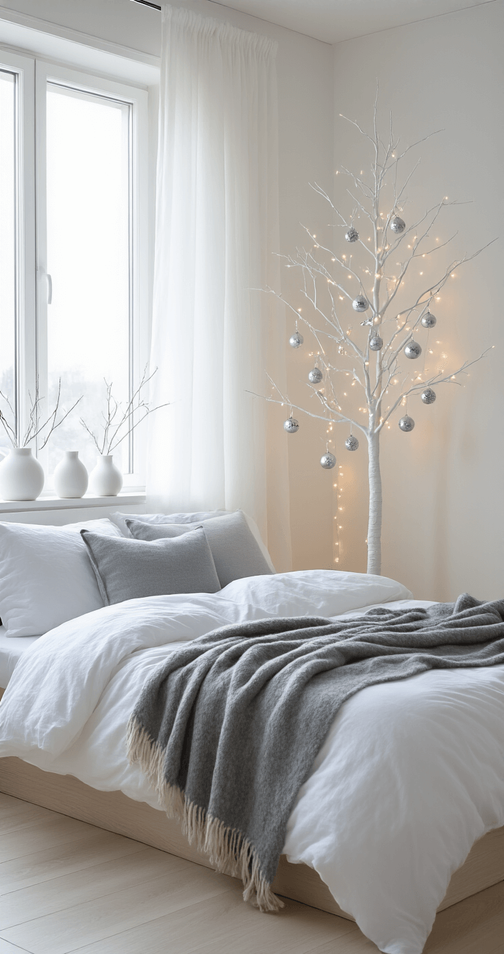 Magical Christmas Room Decor: Transform Your Space into a Festive Wonderland A minimalist Scandinavian-inspired bedroom at dawn, featuring a platform bed with white linens and grey throws, sheer white curtains, a slim white artificial tree with silver ornaments and fairy lights, geometric white ceramic vessels with branches, and pale oak flooring, all captured from a corner perspective.