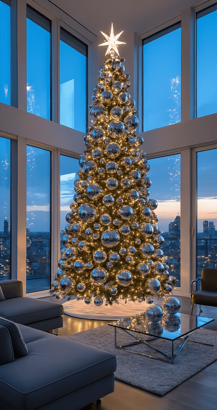 Creative Christmas Tree Ideas for 2025: Unleash Your Festive Imagination A wide shot of a 9-foot disco ball Christmas tree in a modern living room with floor-to-ceiling windows, illuminated by dusk light. The tree, adorned with cascading disco balls and chrome ornaments, is framed by a grey sectional and glass coffee table, creating a glamorous atmosphere.