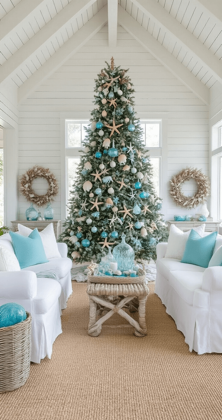 Magical Christmas Room Decor: Transform Your Space into a Festive Wonderland Coastal-themed great room featuring a vaulted white-planked ceiling with exposed beams, a flocked Christmas tree decorated with glass floats and starfish, white slip-covered furniture in azure and seafoam, driftwood garland, and a natural sisal rug, designed with a symmetrical arrangement and a sea glass-inspired color palette.
