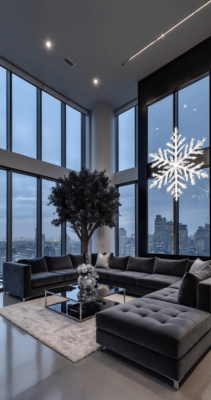 Magical Christmas Room Decor: Transform Your Space into a Festive Wonderland A luxurious modern open-concept space at twilight featuring floor-to-ceiling windows with city views, an 8ft slim black artificial tree adorned with monochromatic decorations, a deep graphite velvet sectional, a chrome and glass coffee table, and an oversized mirror with an LED-backed snowflake installation, all set against high-gloss concrete floors reflecting ambient lighting.