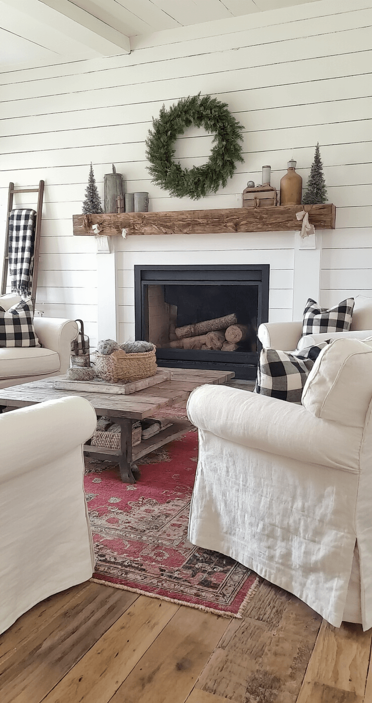 Magical Christmas Room Decor: Transform Your Space into a Festive Wonderland A cozy rustic farmhouse family room featuring whitewashed shiplap walls and a reclaimed timber mantel, decorated for morning with a noble fir adorned in buffalo check ribbons and galvanized ornaments. Slipcovered cream linen armchairs and a vintage ladder with wool blankets enhance the warm atmosphere, set on wide-plank pine floors complemented by a faded crimson vintage overdyed rug.